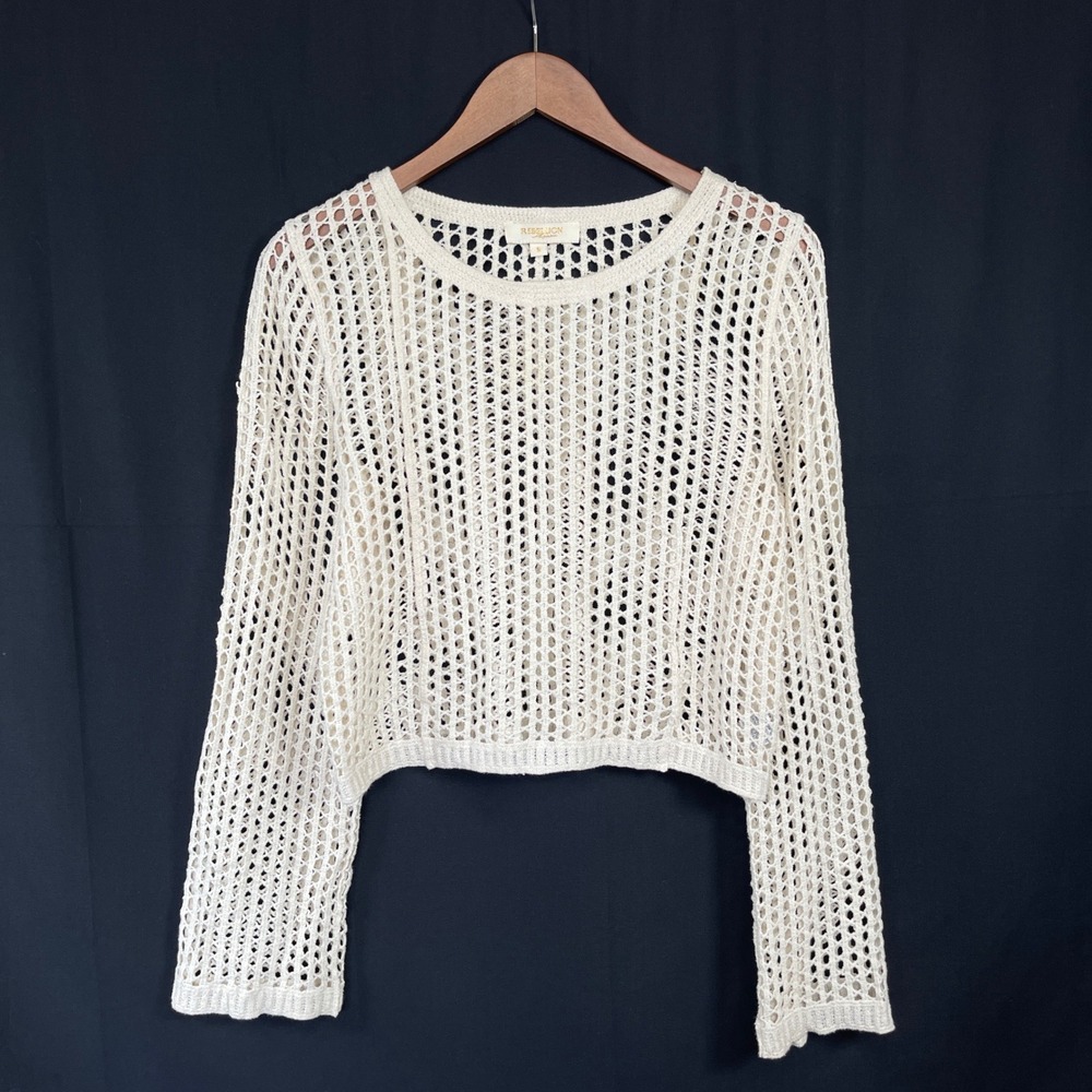 Womens Open Knit Flare Sleeve Sweater S Ivory 100% Cotton Boho Beach Festival